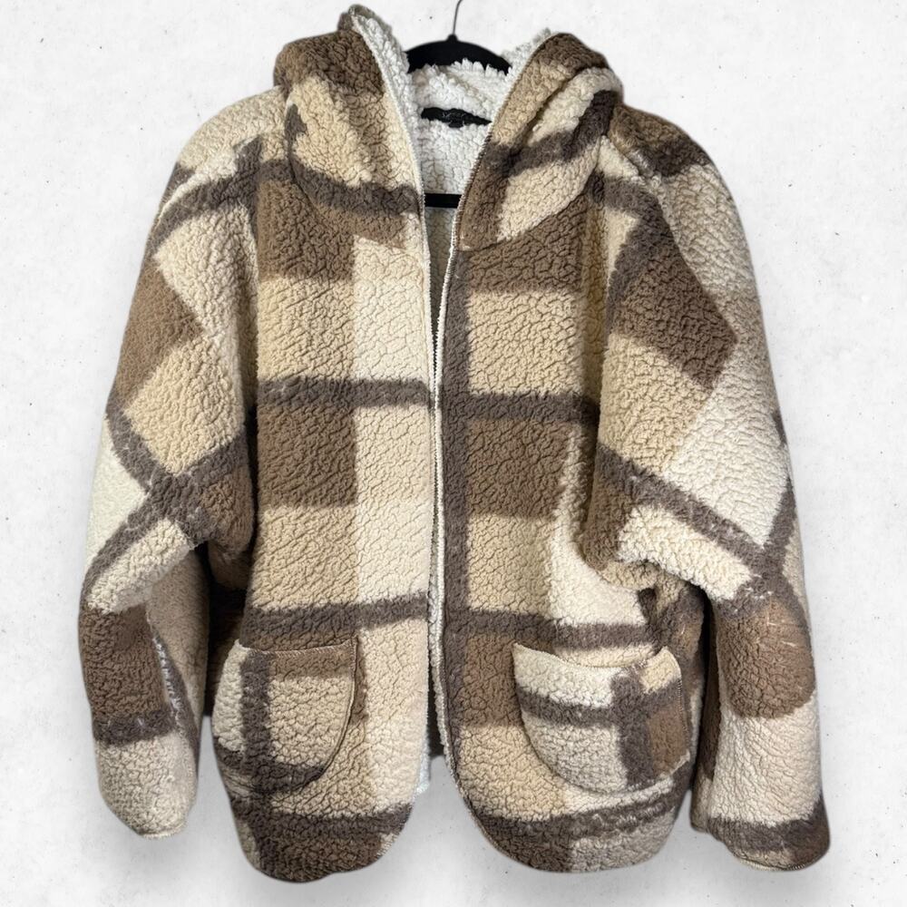 Sweet Rain Fuzzy Puffy Soft Teddy Cardigan Open Front Hooded Brown/Beige L